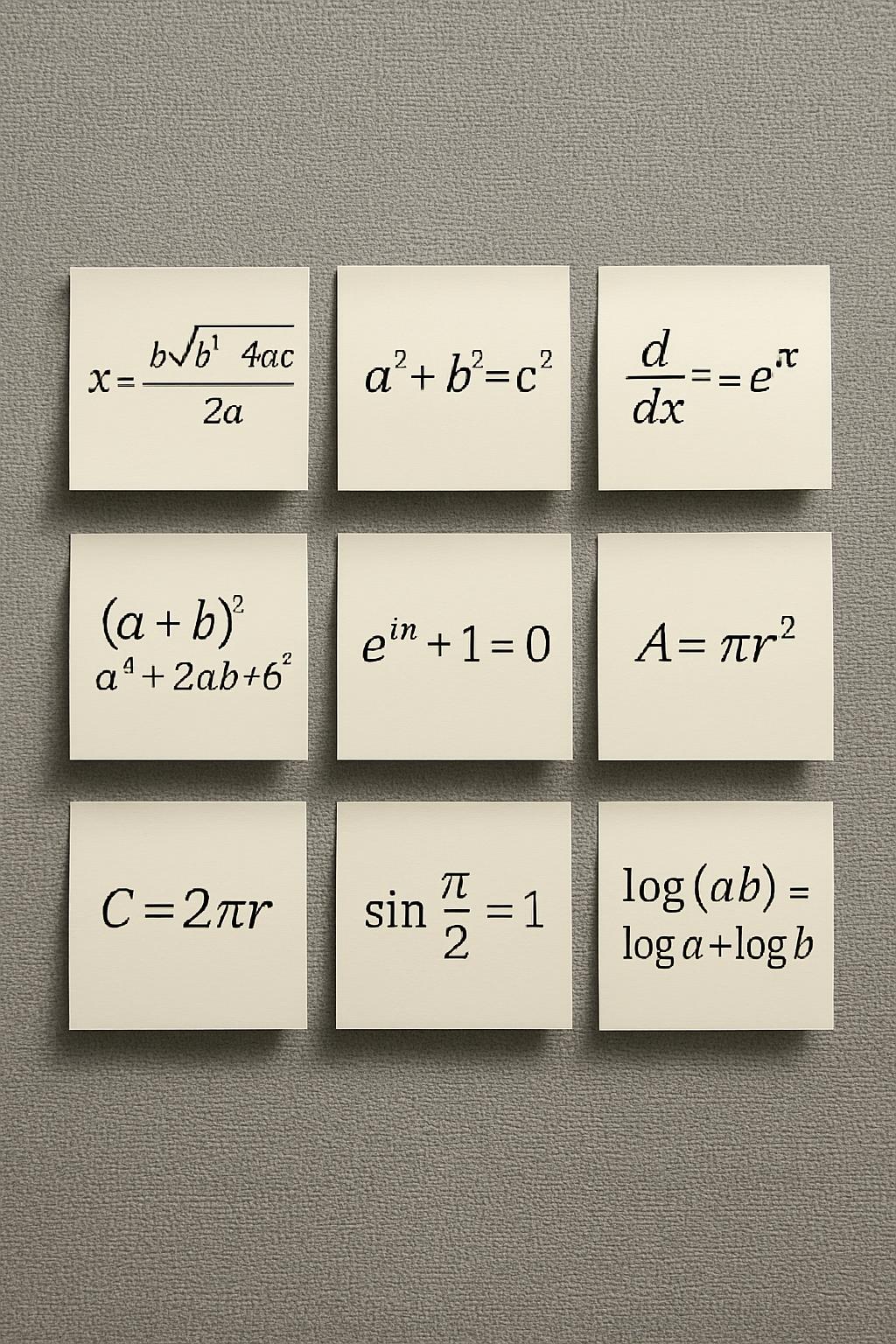 Math equations on post-it notes on a padded surface. The math equations include: X = 14 square root of B, A squared + C sq...