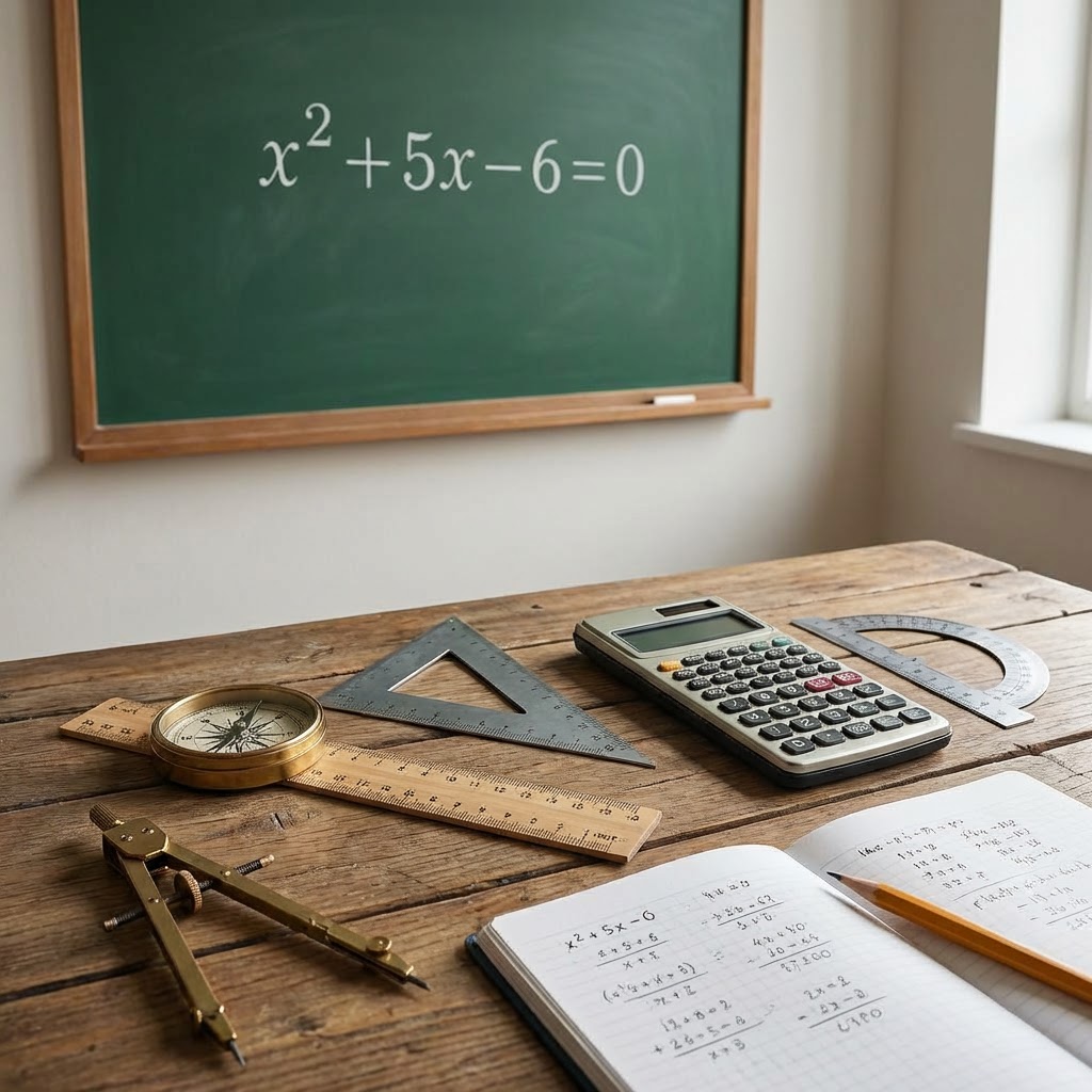 Classroom desk setup for solving quadratic equations Math tools on a desk with the equation x^2 + 5x - 6 = 0 on a chalkboard.